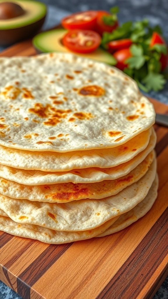 A stack of warm homemade tortillas on a cutting board with fresh ingredients for tacos in the background.
